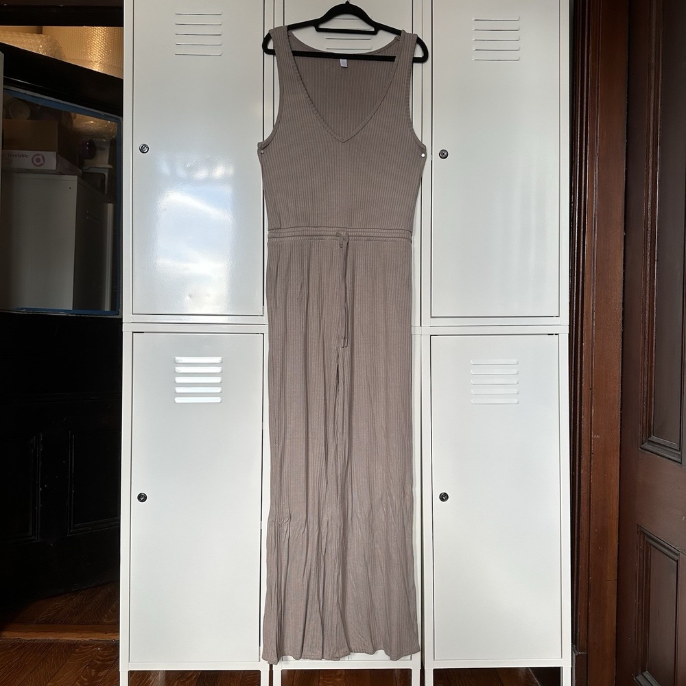 Beyond Yoga Taupe Ribbed Wide-Leg Jumpsuit